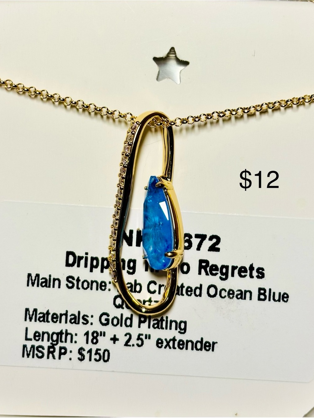 Gold-Plated Necklace with Ocean Blue Teardrop Stone by